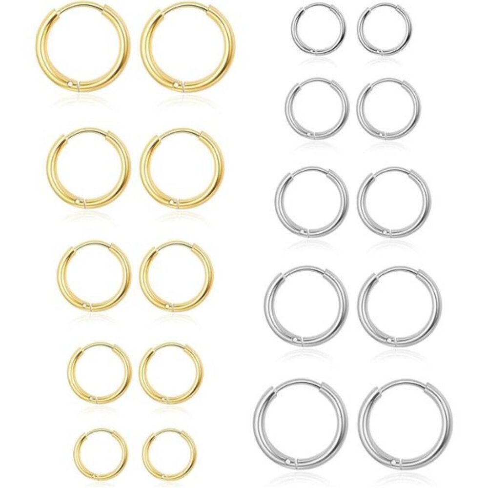10 Pairs Silver Hoop Earrings Set for Men Surgical Steel Hoop Earrings